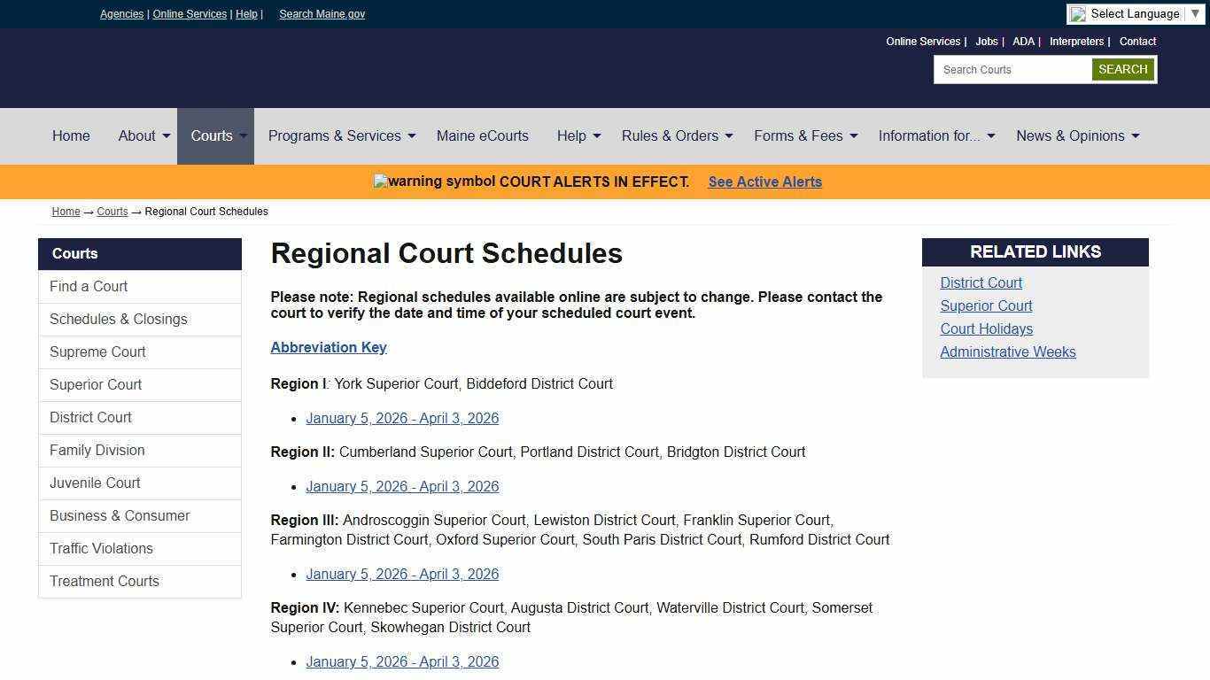 Regional Schedules: State of Maine Judicial Branch